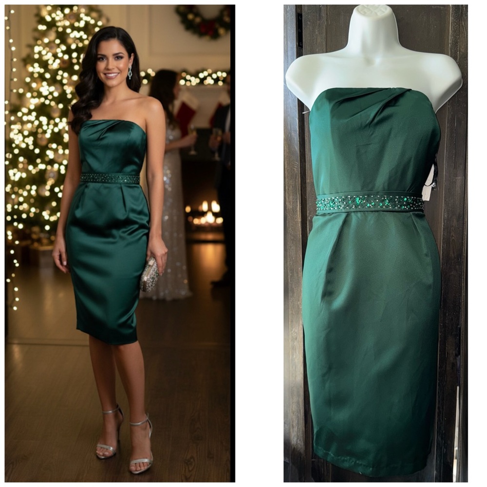 NWT- Liz Fields Strapless Cocktail Silk Dress Hunter Green Size 12